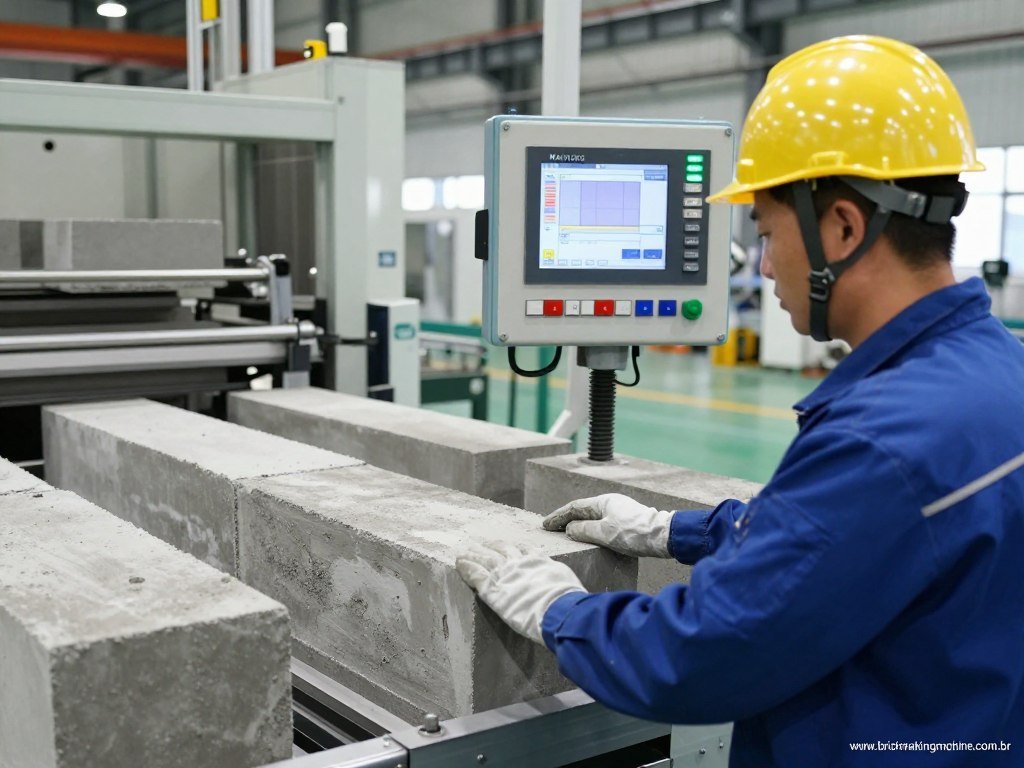 Operador controlando linha de produção de bloco de concreto via painel PLC