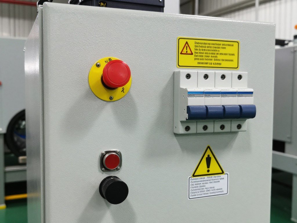 Painel de controle PLC de máquina de fazer tijolo mostrando botão de emergência vermelho, proteções elétricas e sinalização de segurança Painel de controle PLC de máquina de fazer tijolo mostrando botão de emergência vermelho, proteções elétricas e sinalização de segurança