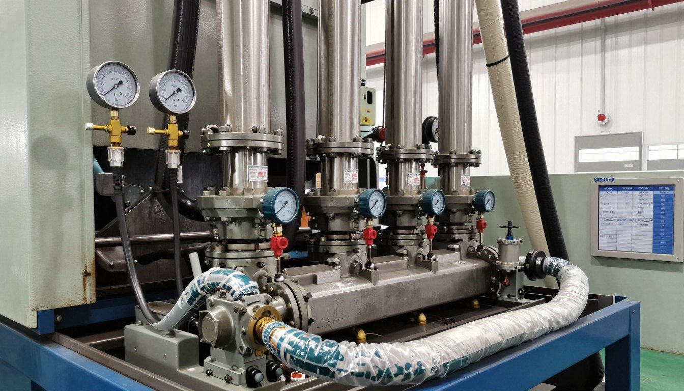 Sistema hidráulico de máquina de fazer tijolo com válvulas de segurança, manômetros e proteções anti-ruptura claramente visíveis Sistema hidráulico de máquina de fazer tijolo com válvulas de segurança, manômetros e proteções anti-ruptura claramente visíveis