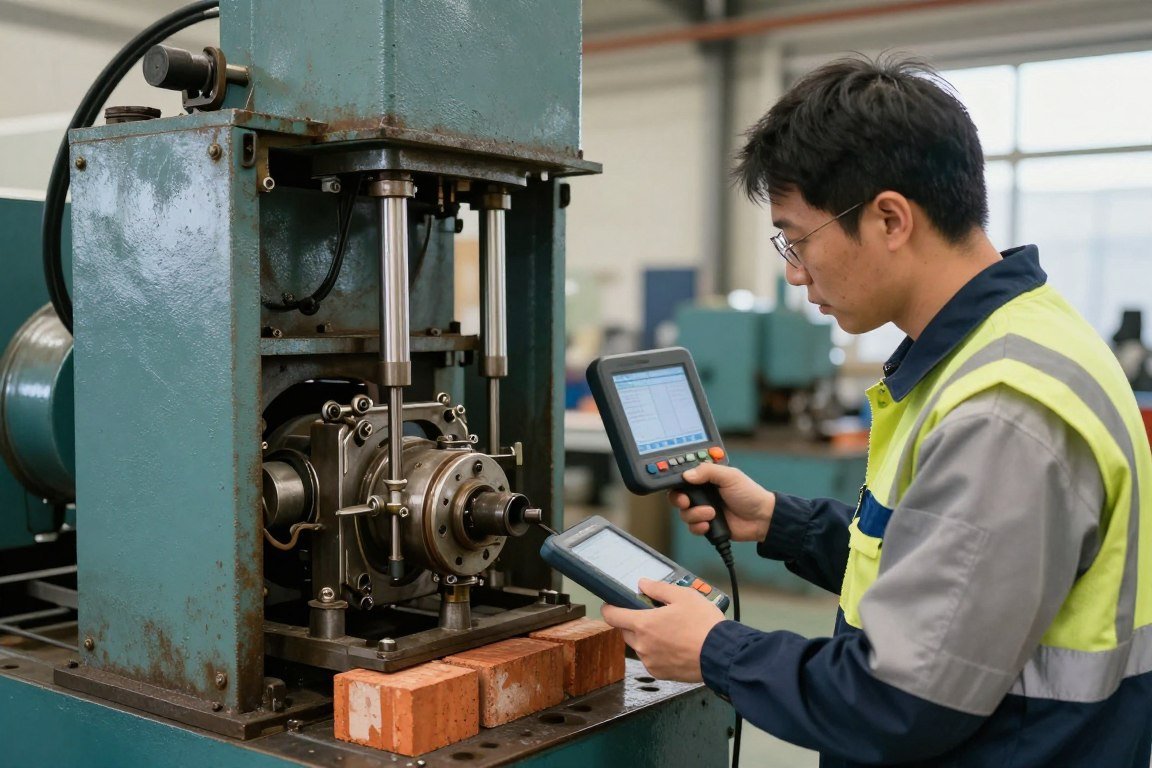 Técnico inspecionando componentes hidráulicos de máquina usada