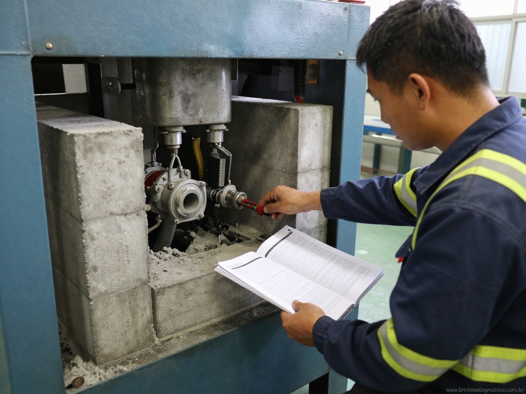 Técnico realizando manutenção preventiva em máquina de blocos